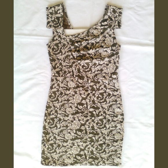 Brown & White Floral Trinity Stretchy Bodycon Mini Dress Cinched Bust Asymmetric - Picture 1 of 6